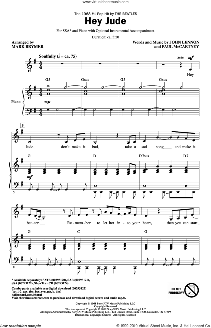 Hey Jude (arr. Mark Brymer) sheet music for choir (SSA: soprano, alto) by The Beatles, Mark Brymer, John Lennon and Paul McCartney, intermediate skill level
