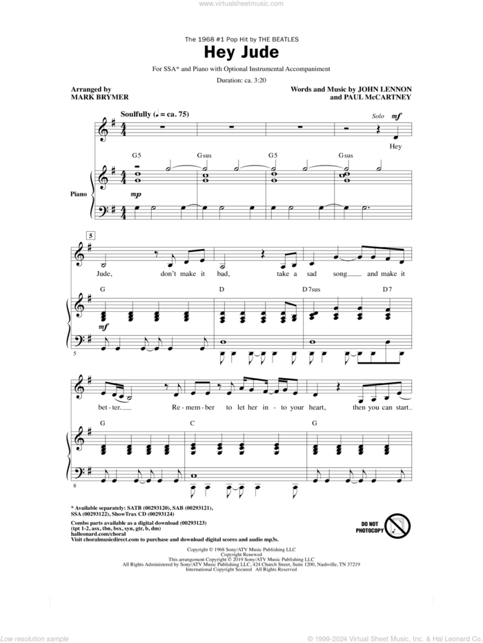 Hey Jude (arr. Mark Brymer) sheet music for choir (SSA: soprano, alto) by The Beatles, Mark Brymer, John Lennon and Paul McCartney, intermediate skill level