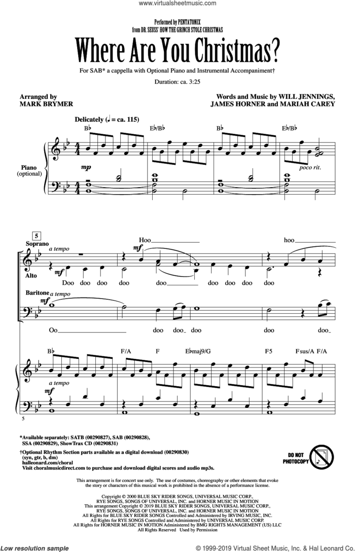 Where Are You Christmas? (from How The Grinch Stole Christmas) (arr. Mark Brymer) sheet music for choir (SAB: soprano, alto, bass) by Pentatonix, Mark Brymer, Faith Hill, James Horner, Mariah Carey and Will Jennings, intermediate skill level