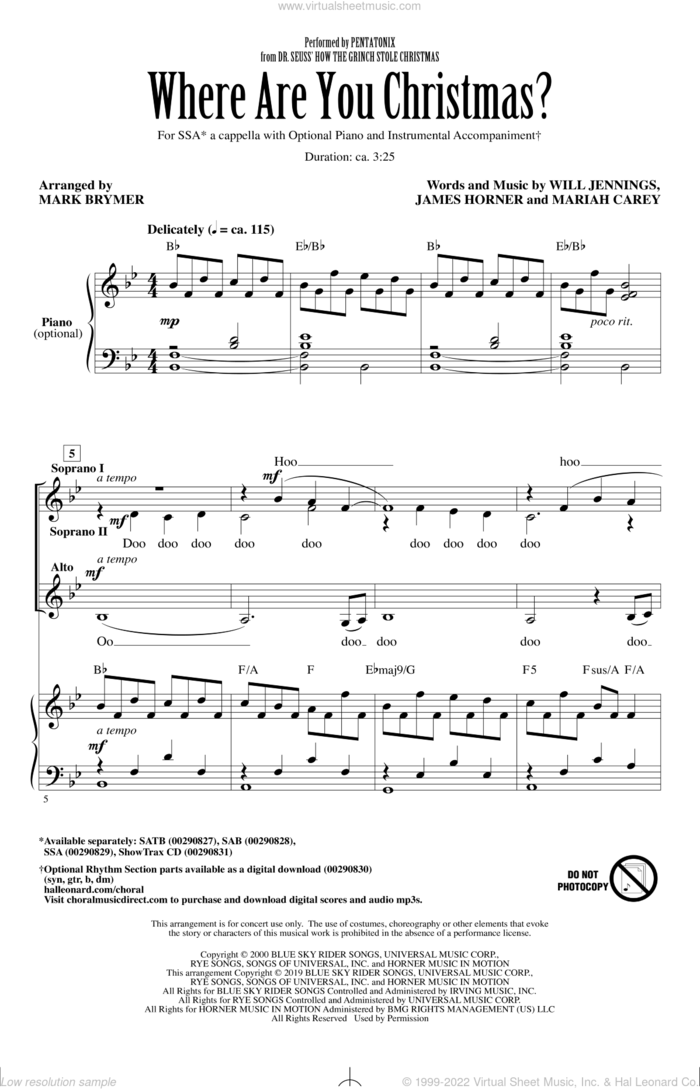 Where Are You Christmas? (from How The Grinch Stole Christmas) (arr. Mark Brymer) sheet music for choir (SSA: soprano, alto) by Pentatonix, Mark Brymer, Faith Hill, James Horner, Mariah Carey and Will Jennings, intermediate skill level