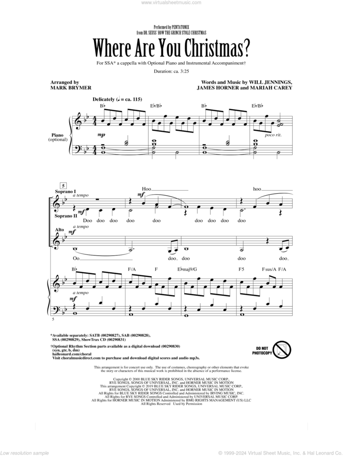 Where Are You Christmas? (from How The Grinch Stole Christmas) (arr. Mark Brymer) sheet music for choir (SSA: soprano, alto) by Pentatonix, Mark Brymer, Faith Hill, James Horner, Mariah Carey and Will Jennings, intermediate skill level