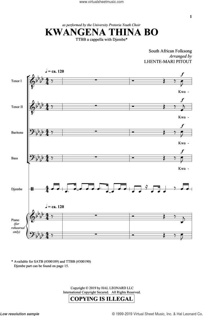 Kwangena Thina Bo (arr. Lhente-Mari Pitout) sheet music for choir (TTBB: tenor, bass) by South African Folksong, Lhente-Mari Pitout and Traditional Xhosa Folk Song, intermediate skill level