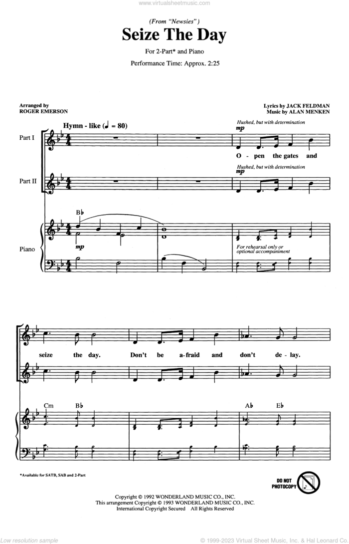 Seize The Day (from Newsies) (arr. Roger Emerson) sheet music for choir (2-Part) by Alan Menken & Jack Feldman, Roger Emerson, Alan Menken and Jack Feldman, intermediate duet