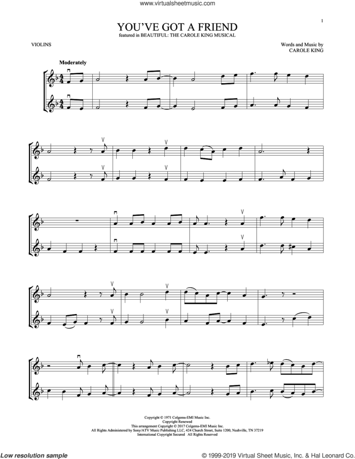 You've Got A Friend (from Beautiful: The Carole King Musical) sheet music for two violins (duets, violin duets) by Carole King, intermediate skill level