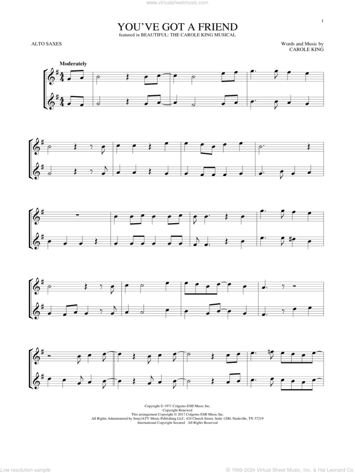 You've Got A Friend (from Beautiful: The Carole King Musical) sheet music for two alto saxophones (duets) by Carole King, intermediate skill level