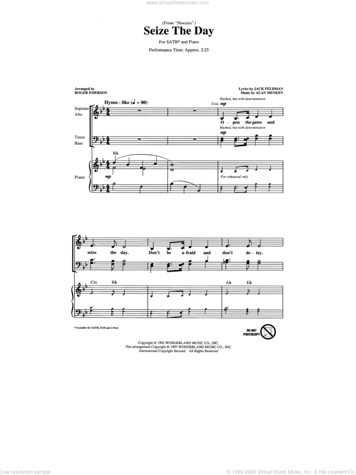 Seize The Day (from Newsies) (arr. Roger Emerson) sheet music for choir (SATB: soprano, alto, tenor, bass) by Alan Menken & Jack Feldman, Roger Emerson, Alan Menken and Jack Feldman, intermediate skill level