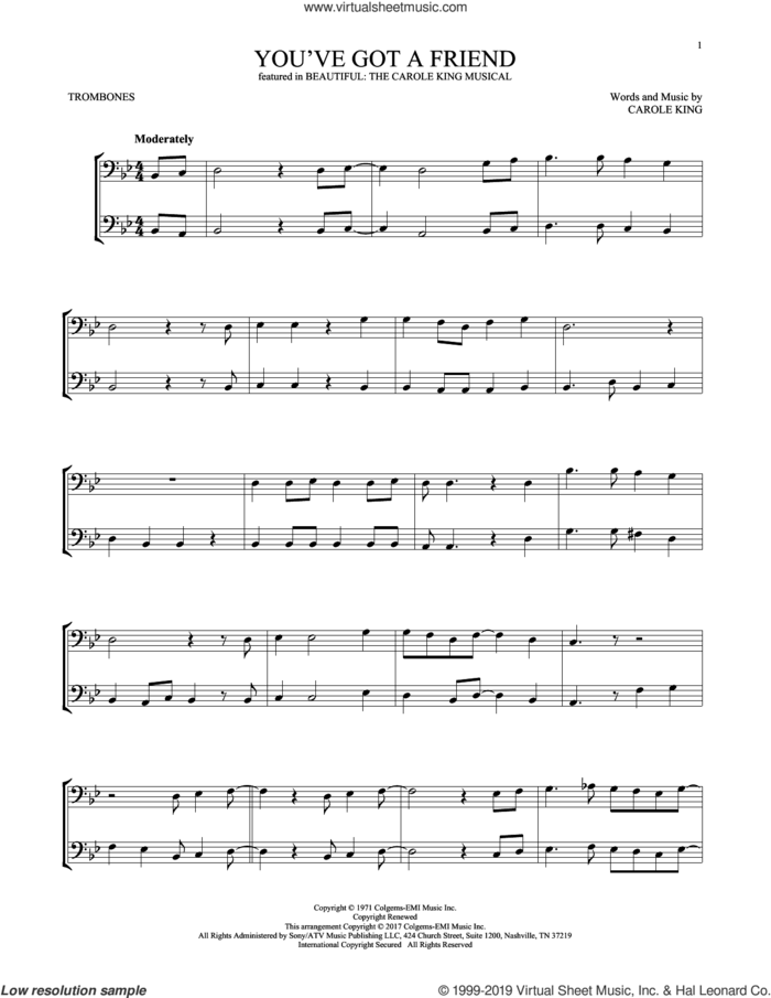 You've Got A Friend (from Beautiful: The Carole King Musical) sheet music for two trombones (duet, duets) by Carole King, intermediate skill level