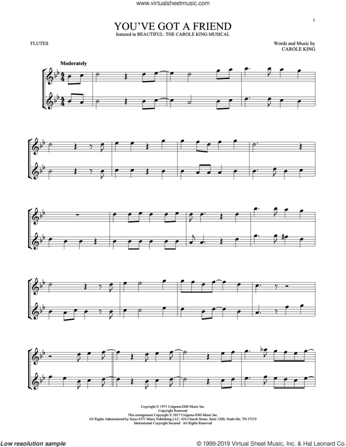 You've Got A Friend (from Beautiful: The Carole King Musical) sheet music for two flutes (duets) by Carole King, intermediate skill level