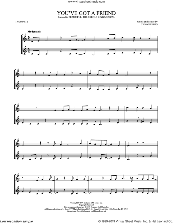 You've Got A Friend (from Beautiful: The Carole King Musical) sheet music for two trumpets (duet, duets) by Carole King, intermediate skill level