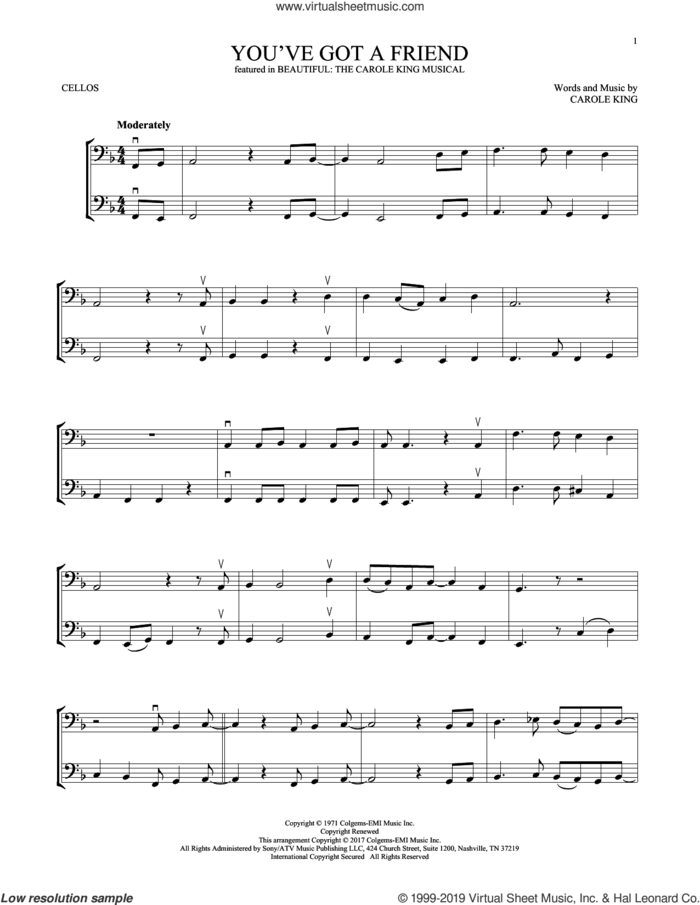 You've Got A Friend (from Beautiful: The Carole King Musical) sheet music for two cellos (duet, duets) by Carole King, intermediate skill level