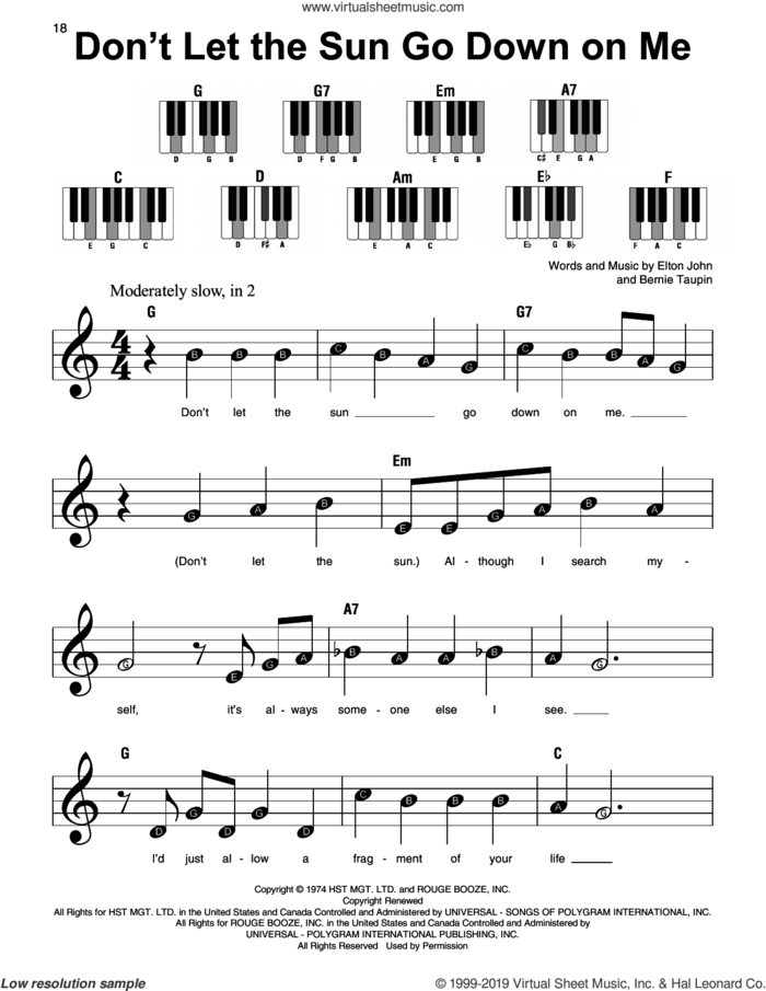 Don't Let The Sun Go Down On Me sheet music for piano solo by Elton John and Bernie Taupin, beginner skill level