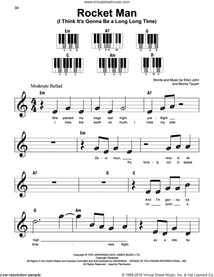 Rocket Man (I Think It's Gonna Be A Long Long Time) sheet music for piano solo by Elton John and Bernie Taupin, beginner skill level