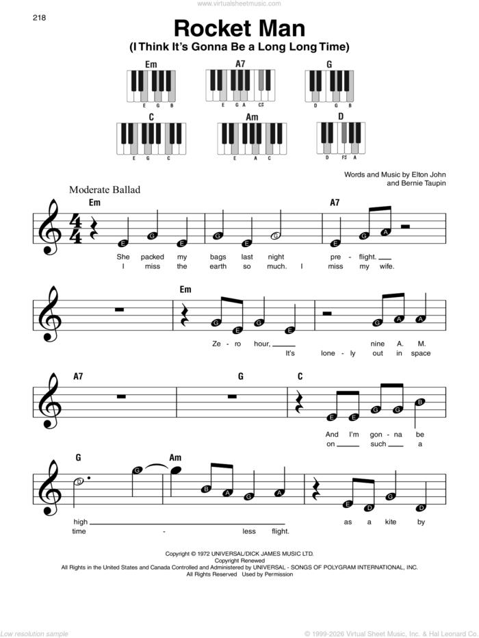 Rocket Man (I Think It's Gonna Be A Long Long Time) sheet music for piano solo by Elton John and Bernie Taupin, beginner skill level