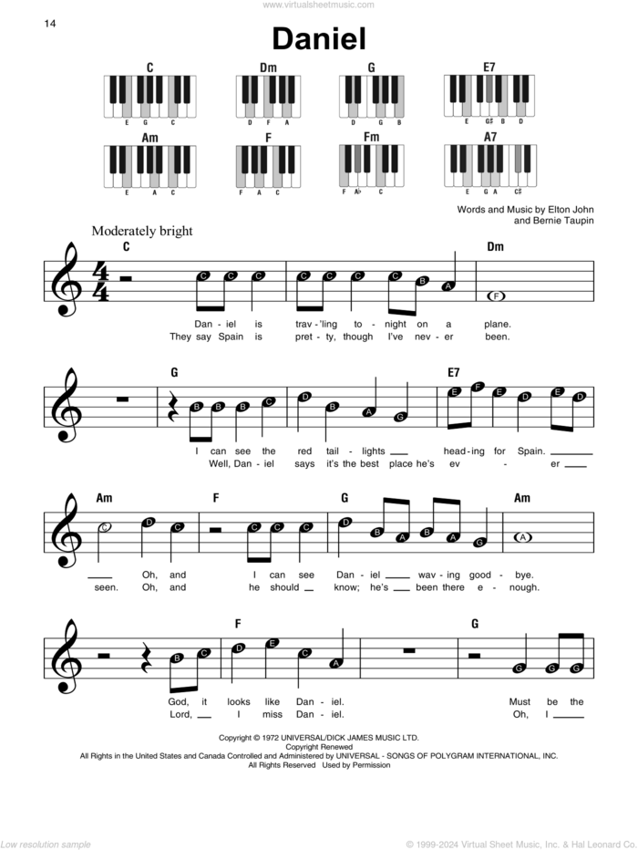 Daniel sheet music for piano solo by Elton John and Bernie Taupin, beginner skill level
