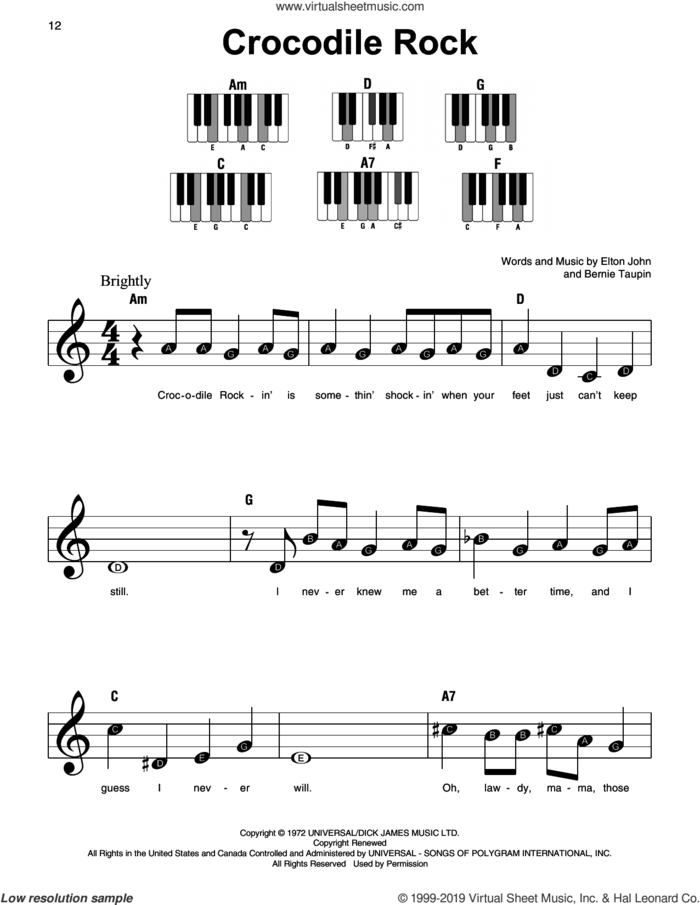 Crocodile Rock sheet music for piano solo by Elton John and Bernie Taupin, beginner skill level