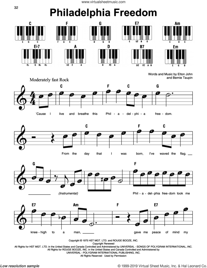 Philadelphia Freedom sheet music for piano solo by Elton John and Bernie Taupin, beginner skill level