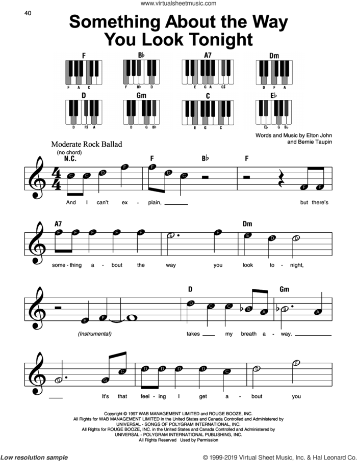 Something About The Way You Look Tonight, (beginner) sheet music for piano solo by Elton John and Bernie Taupin, beginner skill level