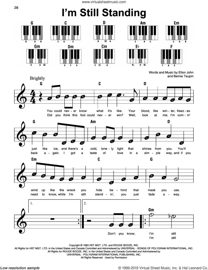 I'm Still Standing sheet music for piano solo by Elton John and Bernie Taupin, beginner skill level