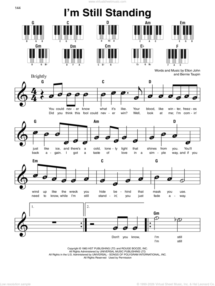 I'm Still Standing sheet music for piano solo by Elton John and Bernie Taupin, beginner skill level