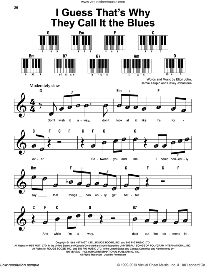 I Guess That's Why They Call It The Blues sheet music for piano solo by Elton John, Bernie Taupin and Davey Johnstone, beginner skill level