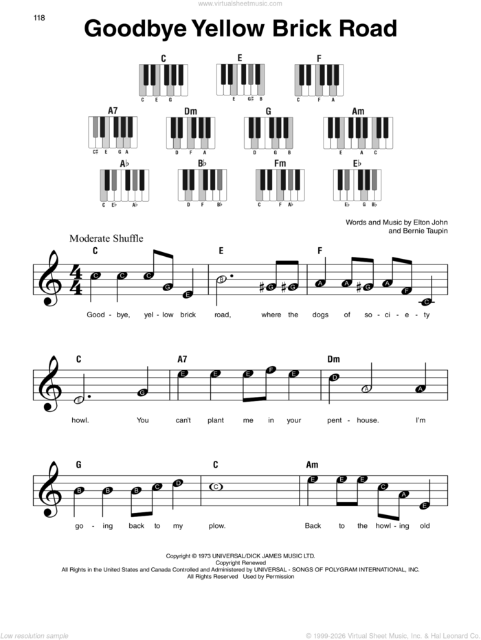 Goodbye Yellow Brick Road sheet music for piano solo by Elton John and Bernie Taupin, beginner skill level