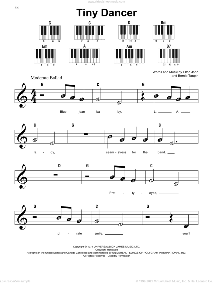 Tiny Dancer sheet music for piano solo by Elton John and Bernie Taupin, beginner skill level