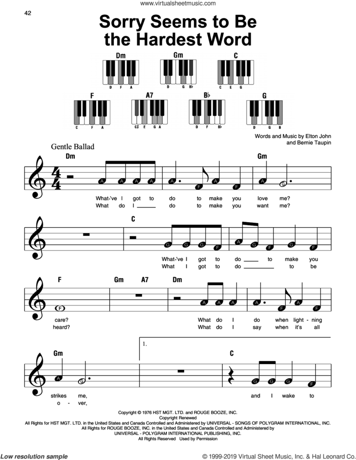 Sorry Seems To Be The Hardest Word sheet music for piano solo by Elton John and Bernie Taupin, beginner skill level