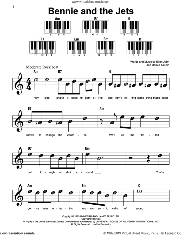 Bennie And The Jets, (beginner) sheet music for piano solo by Elton John and Bernie Taupin, beginner skill level