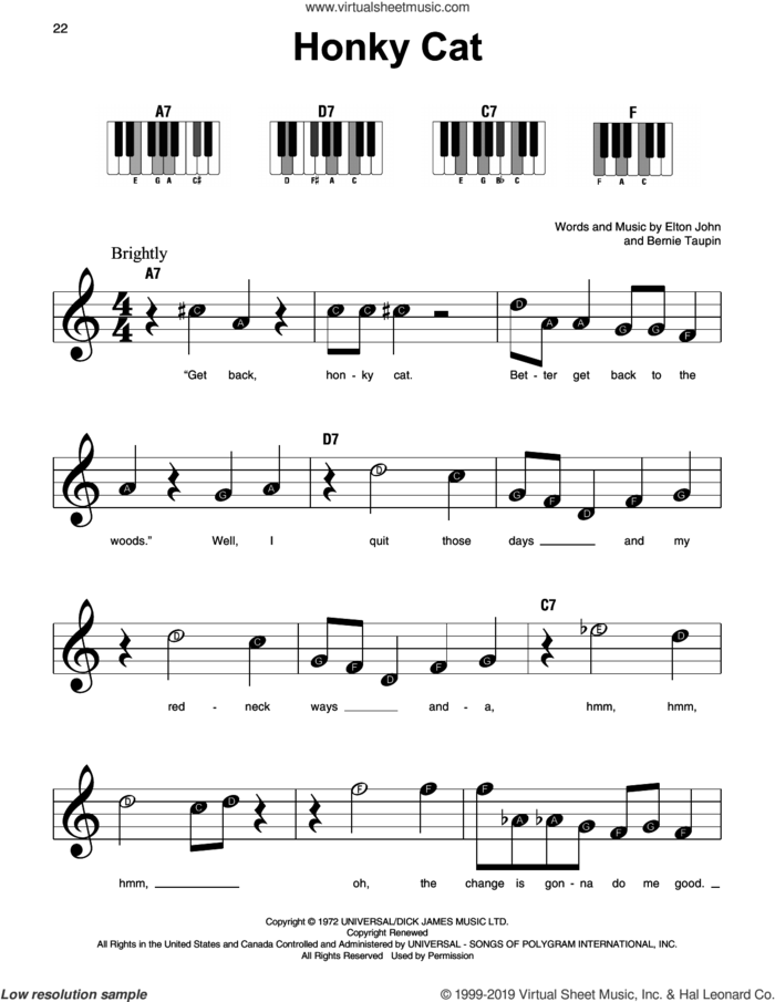 Honky Cat sheet music for piano solo by Elton John and Bernie Taupin, beginner skill level