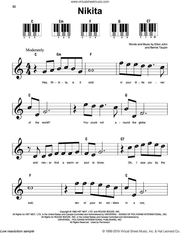 Nikita sheet music for piano solo by Elton John and Bernie Taupin, beginner skill level