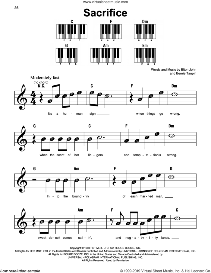 Sacrifice sheet music for piano solo by Elton John and Bernie Taupin, beginner skill level