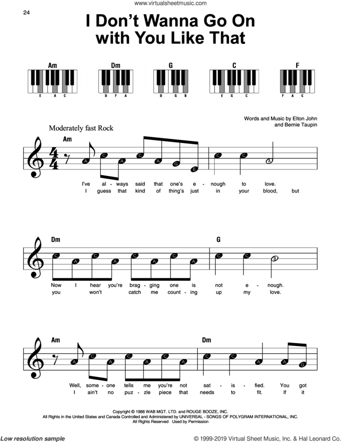 I Don't Wanna Go On With You Like That sheet music for piano solo by Elton John and Bernie Taupin, beginner skill level