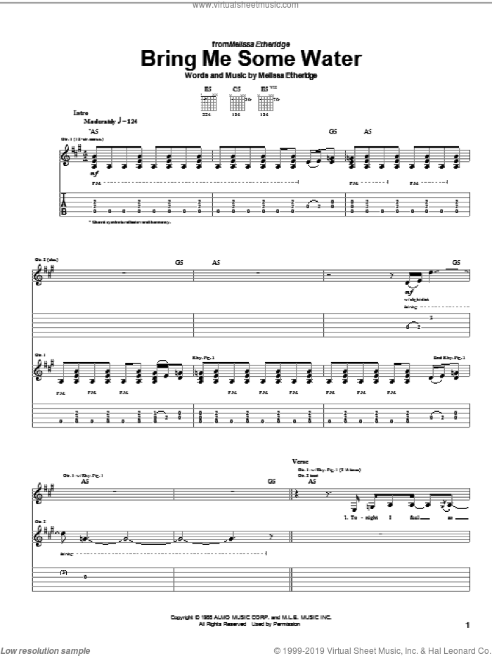 Bring Me Some Water sheet music for guitar (tablature) by Melissa Etheridge, intermediate skill level