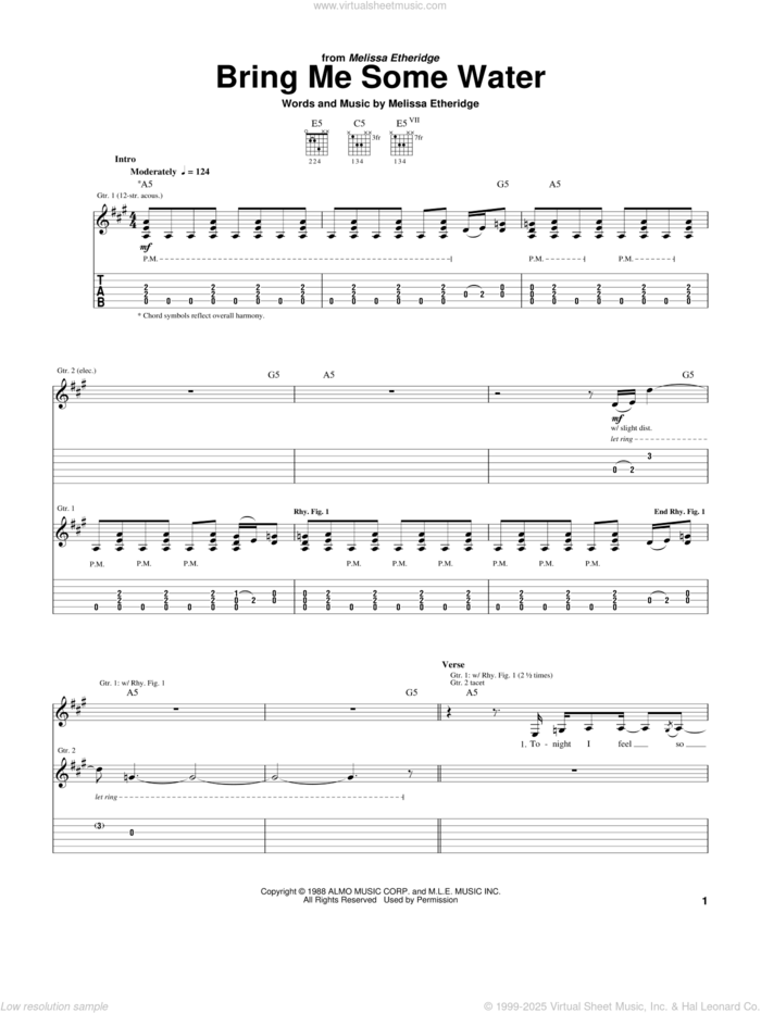 Bring Me Some Water sheet music for guitar (tablature) by Melissa Etheridge, intermediate skill level