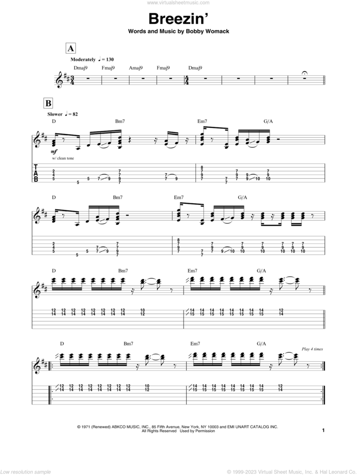 Breezin' sheet music for guitar (tablature, play-along) by George Benson and Bobby Womack, intermediate skill level