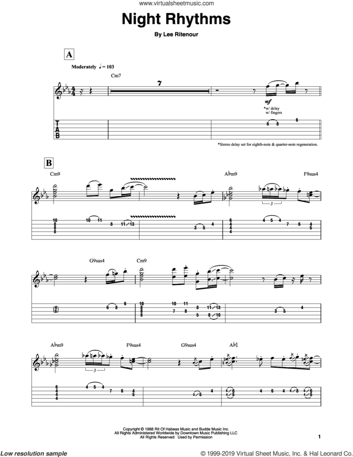 Night Rhythms sheet music for guitar (tablature, play-along) by Lee Ritenour, intermediate skill level
