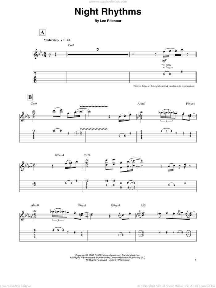 Night Rhythms sheet music for guitar (tablature, play-along) by Lee Ritenour, intermediate skill level