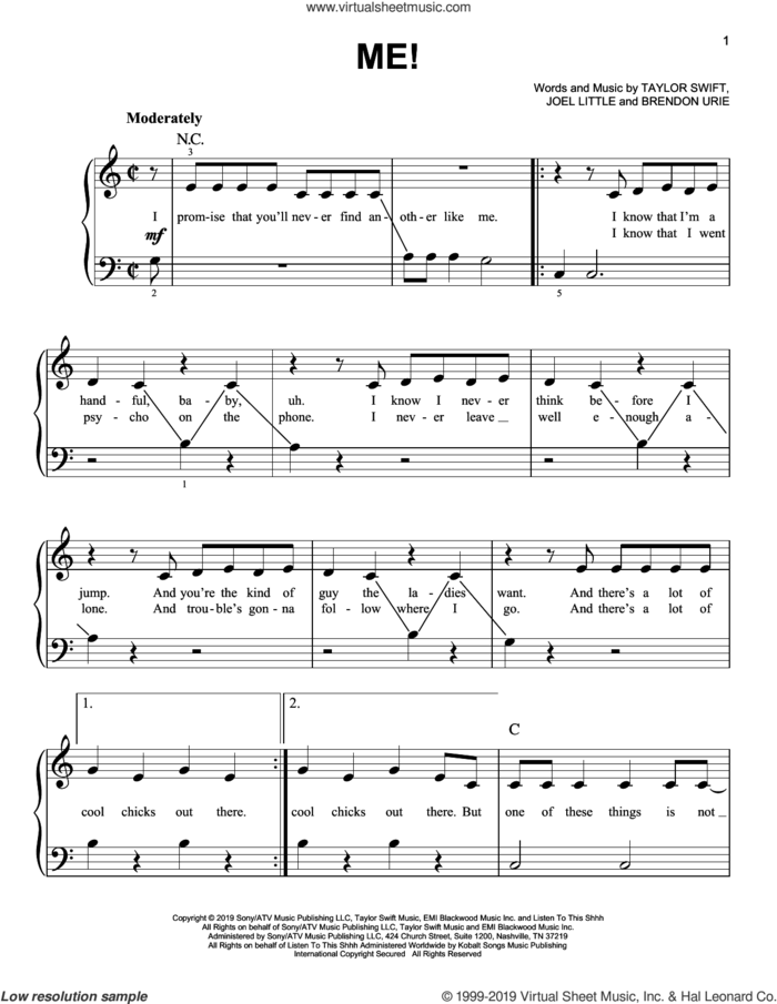 ME! (feat. Brendon Urie of Panic! At The Disco), (beginner) sheet music for piano solo by Taylor Swift, Brendon Urie and Joel Little, beginner skill level
