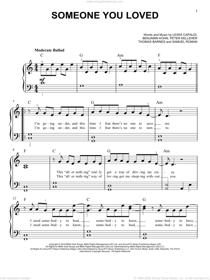 Someone You Loved sheet music for piano solo by Lewis Capaldi, Benjamin Kohn, Peter Kelleher, Samuel Roman and Thomas Barnes, beginner skill level