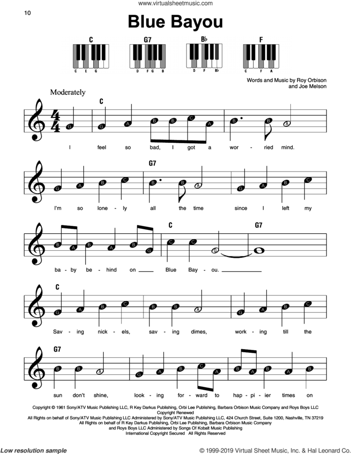 Blue Bayou sheet music for piano solo by Roy Orbison and Joe Melson, beginner skill level