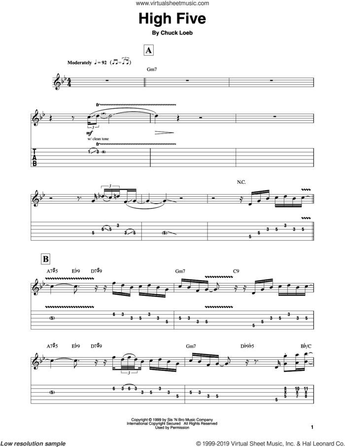 High Five sheet music for guitar (tablature, play-along) by Chuck Loeb, intermediate skill level