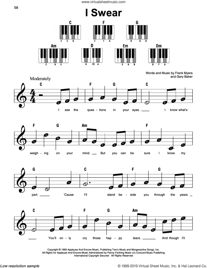 I Swear, (beginner) sheet music for piano solo by John Michael Montgomery, Frank Myers and Gary Baker, beginner skill level