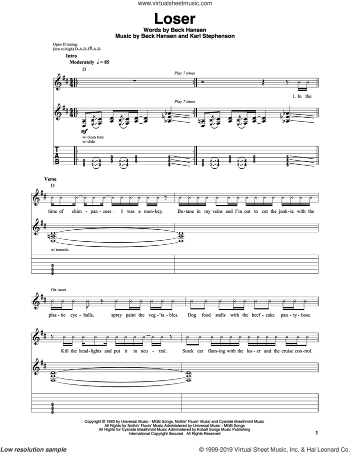 Loser sheet music for guitar (tablature, play-along) by Beck Hansen and Karl Stephenson, intermediate skill level