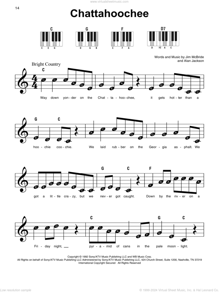 Chattahoochee, (beginner) sheet music for piano solo by Alan Jackson and Jim McBride, beginner skill level