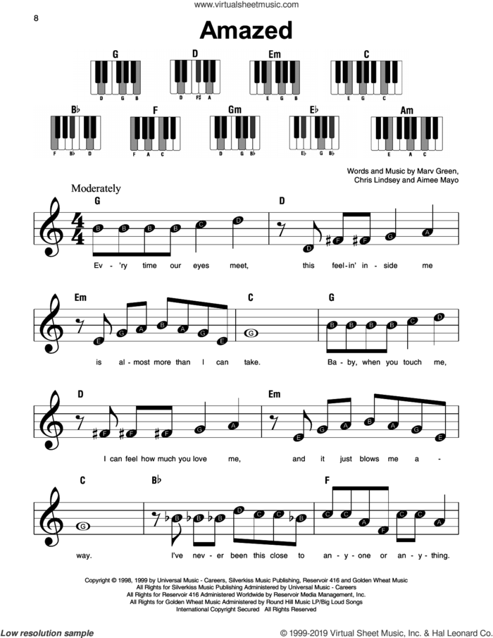 Amazed, (beginner) sheet music for piano solo by Lonestar, Aimee Mayo, Chris Lindsey and Marv Green, beginner skill level