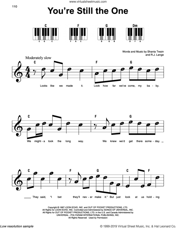 You're Still The One sheet music for piano solo by Shania Twain and Robert John Lange, beginner skill level