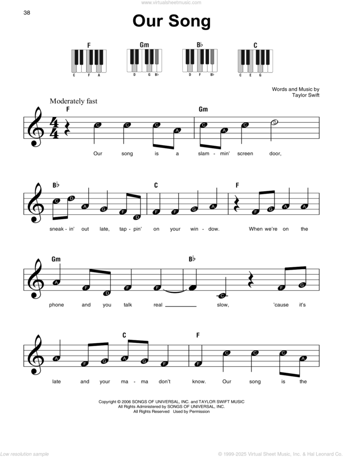 Our Song sheet music for piano solo by Taylor Swift, beginner skill level