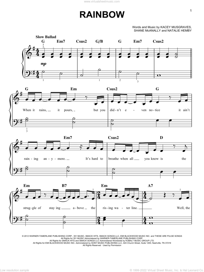 Rainbow, (beginner) sheet music for piano solo by Kacey Musgraves, Natalie Hemby and Shane McAnally, beginner skill level