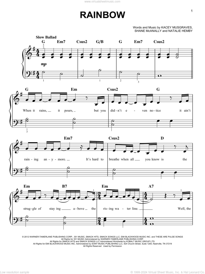 Rainbow, (beginner) sheet music for piano solo by Kacey Musgraves, Natalie Hemby and Shane McAnally, beginner skill level