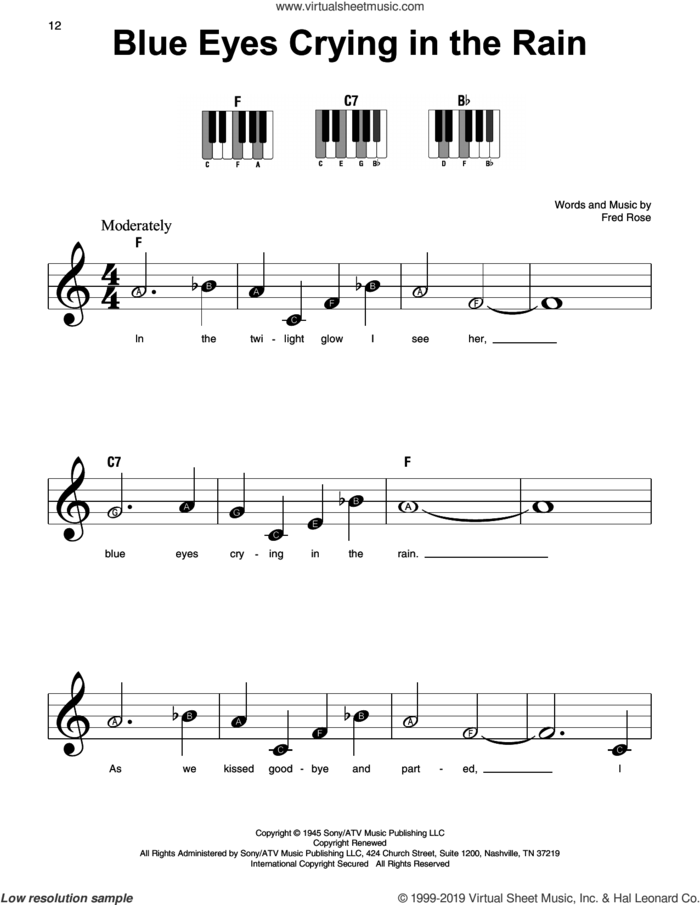 Blue Eyes Crying In The Rain sheet music for piano solo by Willie Nelson and Fred Rose, beginner skill level